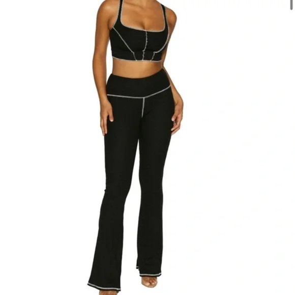 NWT NAKED WARDROBE S Tall Black White High Rise Flared Thermal Style Pants NEW - Picture 2 of 4